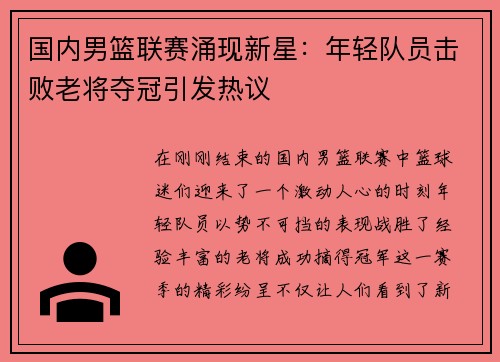国内男篮联赛涌现新星：年轻队员击败老将夺冠引发热议